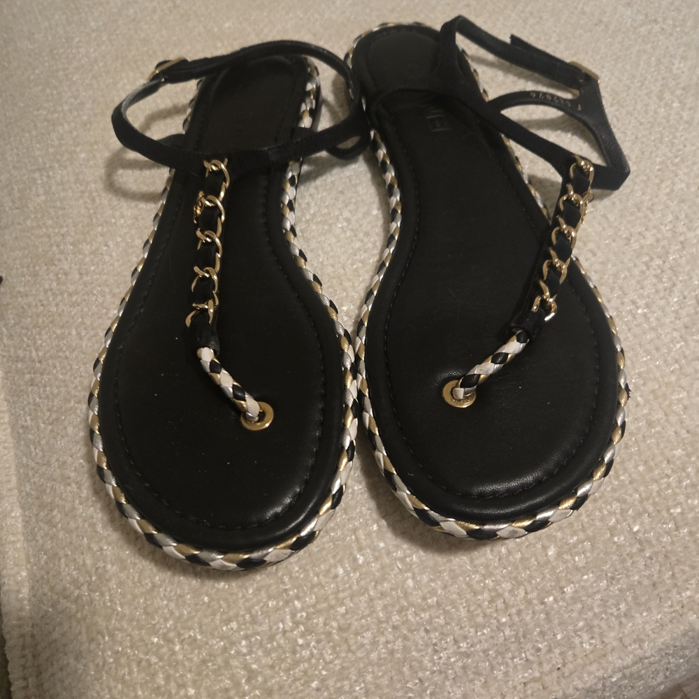 CHANEL Black and Gold Chain Sandals